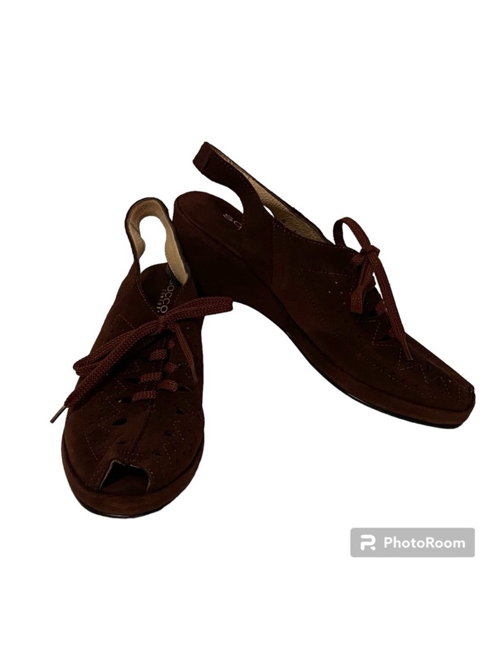 SACCO SHOES BROWN SUEDE LEATHER LOW WEDGE PEEP TOE ANKLE STRAP LACE SIZE 8 M